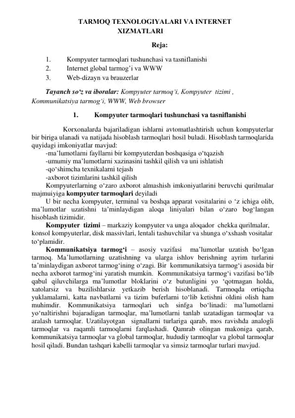 Tarmoq Texnologiyalari va Internet Xizmatlari