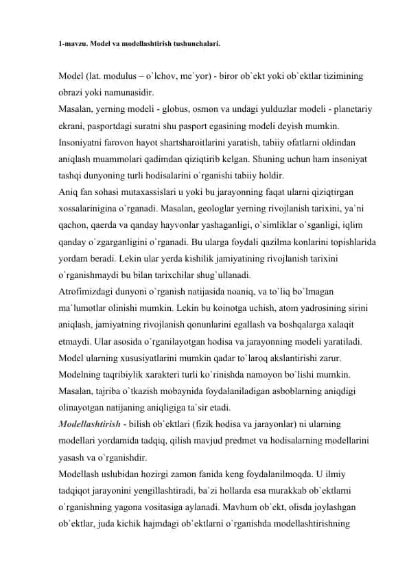 Model va modellashtirish tushunchalari