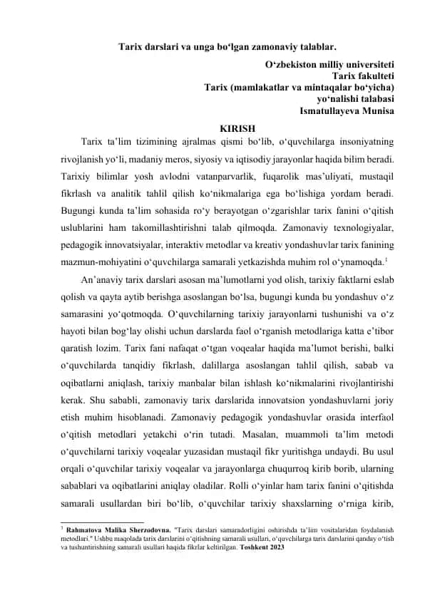 Tarix darslari va unga boʻlgan zamonaviy talablar