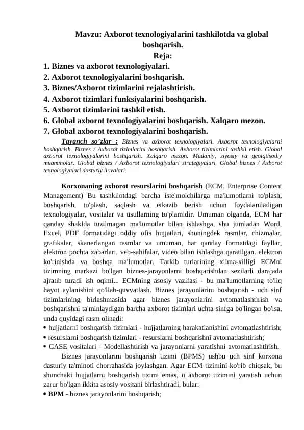 Axborot texnologiyalarini tashkilotda va global boshqarish.
