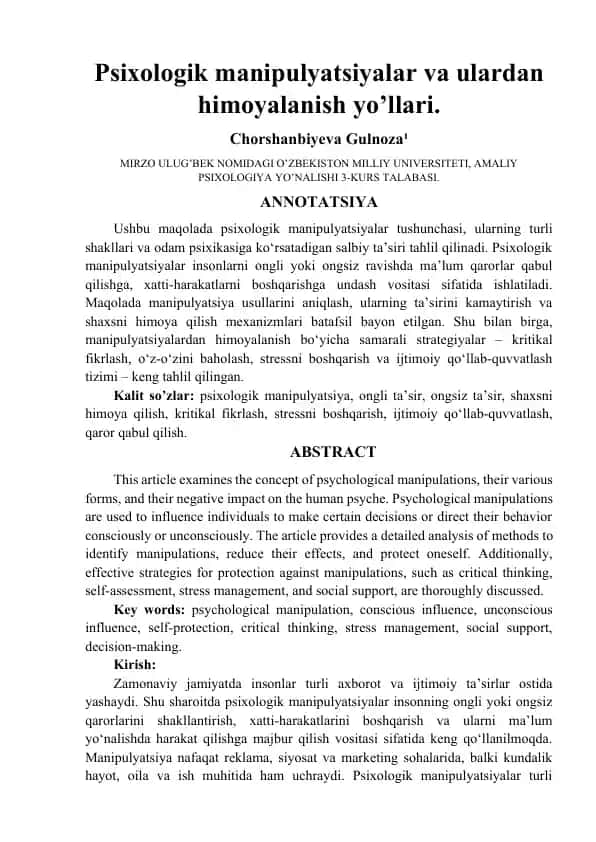 Psixologik manipulyatsiyalar va ulardan himoyalanish yo’llari