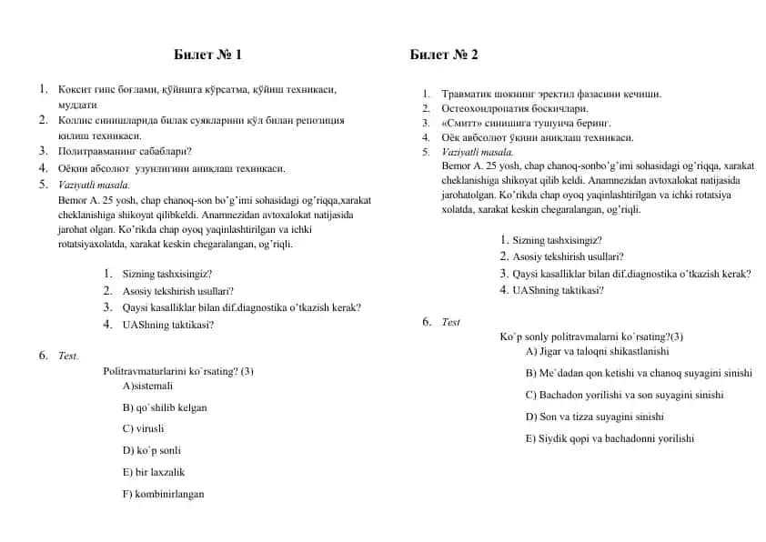Tibbiy traumatologiya imtihon biletlari
