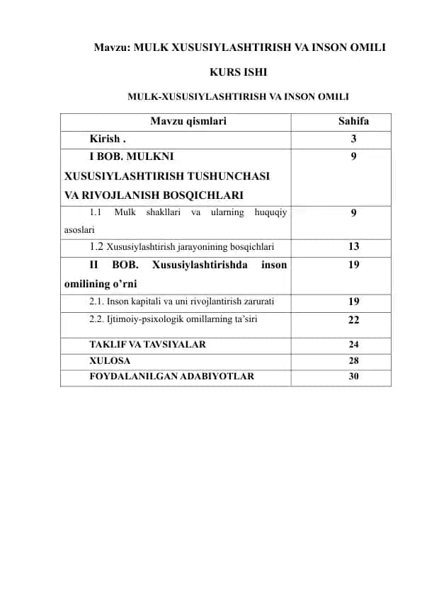 MULK-XUSUSIYLASHTIRISH VA INSON OMILI KURS ISHI