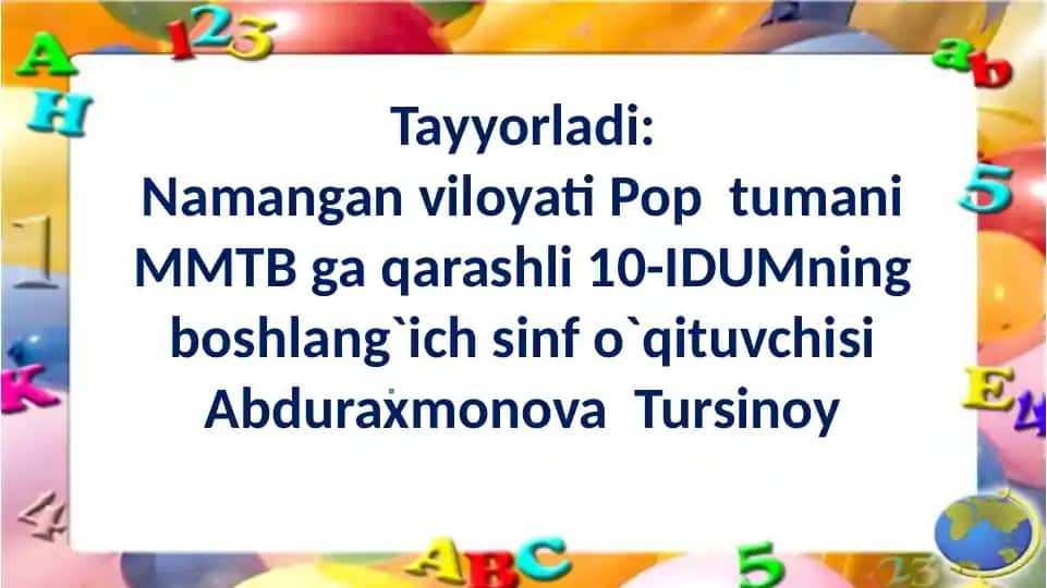 1-sinf Ona tili fanidan Bo`g`in ko`chirish mavzusida dars
