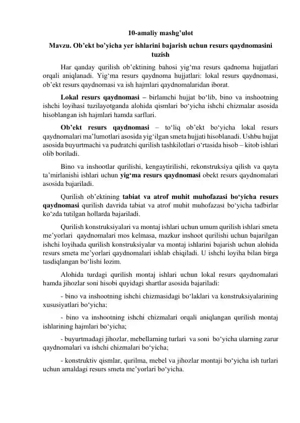 Amaliy mashg'ulot mavzusida ob'ekt bo'yicha yer ishlarini bajarish resurs qaydnomasi