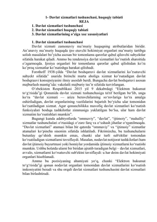 Davlat xizmatlari tushunchasi, huquqiy tabiati