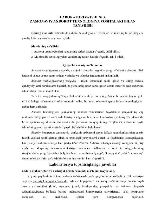 Laboratoriya ishi № 3. Zamonaviy axborot texnologiya vositalari bilan tanishish