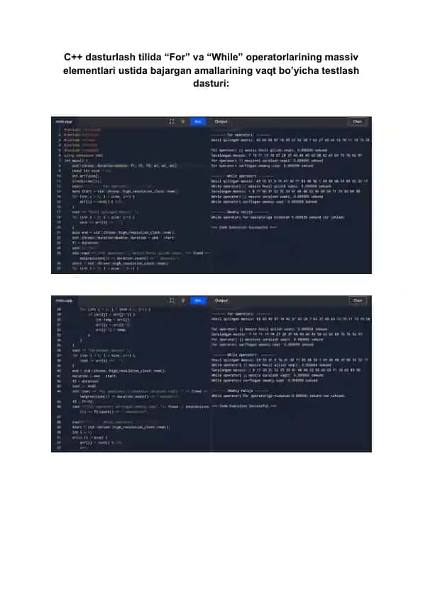 C++ dasturlash tilida “For” va “While” operatorlarining massiv elementlari ustida bajargan amallarining vaqt bo’yicha testlash dasturi