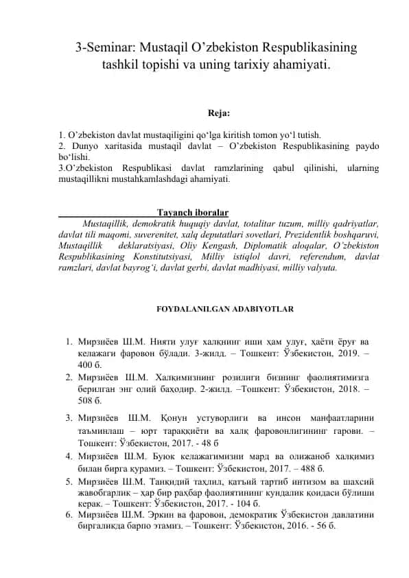 Mustaqil O’zbekiston Respublikasining tashkil topishi va uning tarixiy ahamiyati