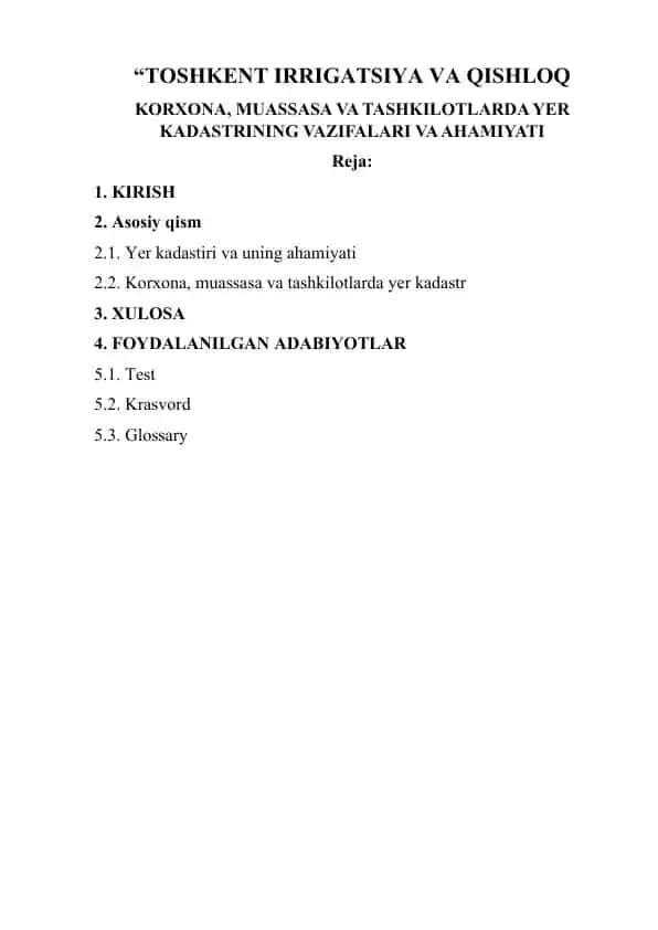 Korxona, muassasa va tashkilotlarda yer kadastrining vazifalari va ahamiyati