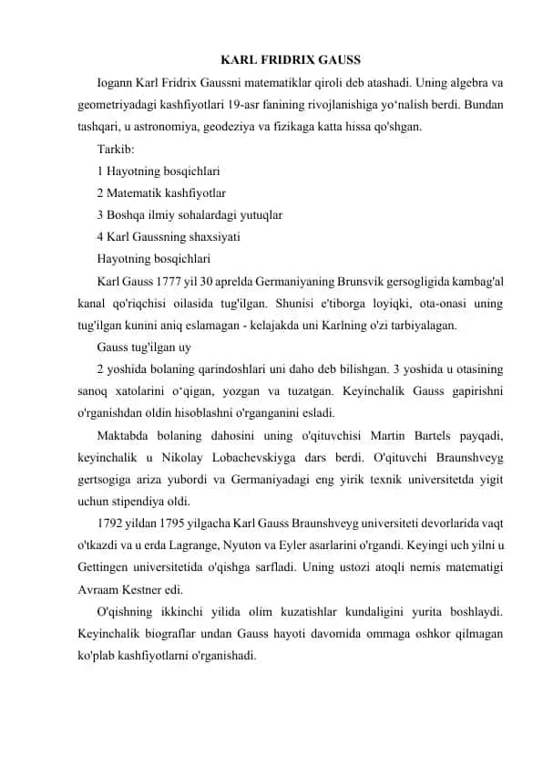 Karl Fridrix Gauss