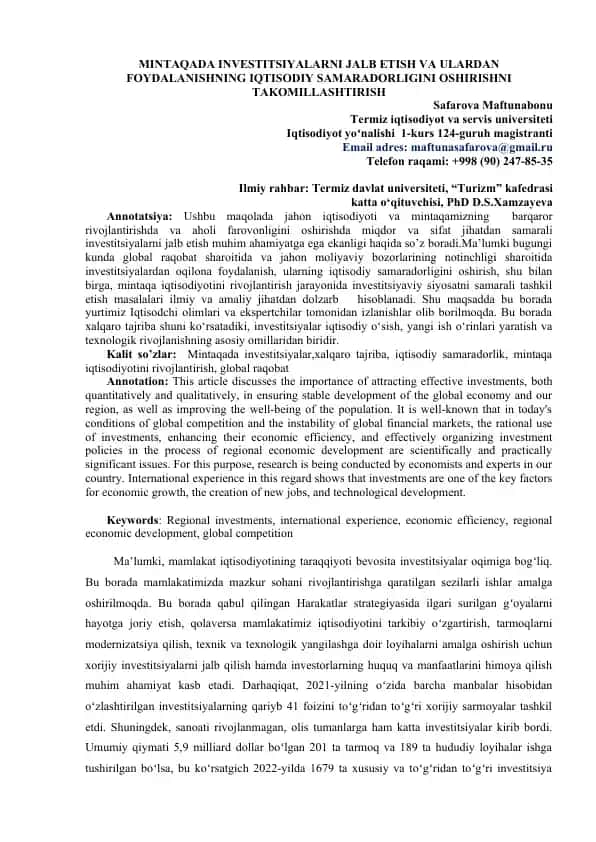 Investitsiyalarni jalb etish va ulardan foydalanishning iqtisodiy samaradorligini oshirish