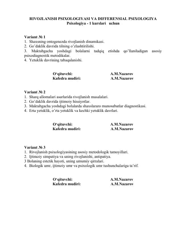 RIVOJLANISH PSIXOLOGIYASI VA DIFFERENSIAL PSIXOLOGIYA