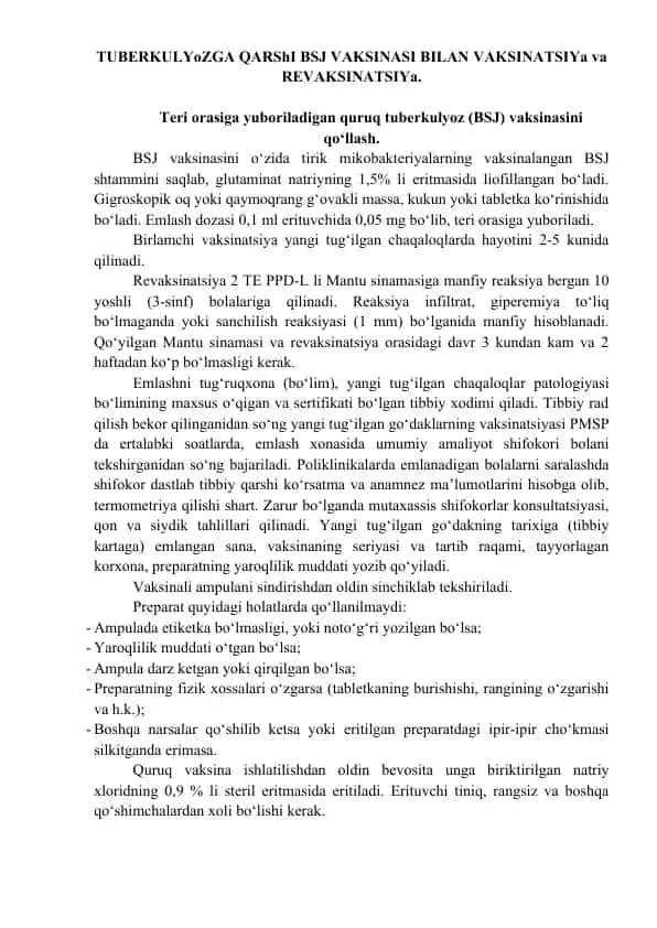 TUBERKULYoZGA QARShI BSJ VAKSINASI BILAN VAKSINATSIYa va REVAKSINATSIYa