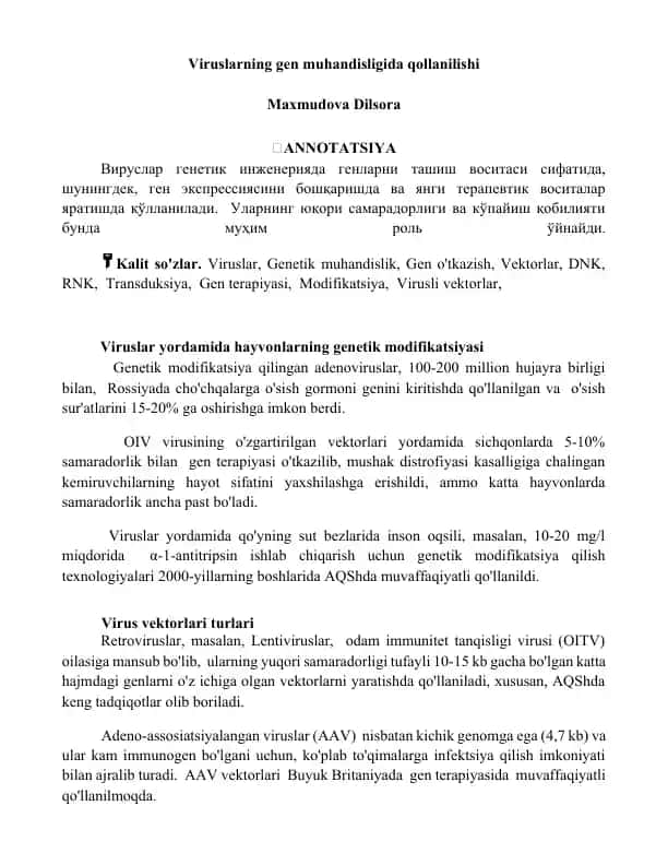 Viruslarning gen muhandisligida qollanishi