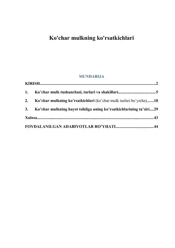 Ko'char mulkning ko'rsatkichlari