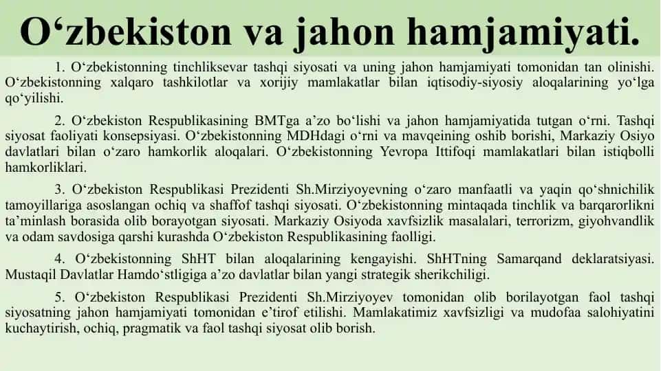 O‘zbekiston va jahon hamjamiyati