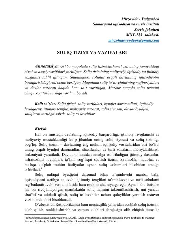SOLIQ TIZIMI VA VAZIFALARI