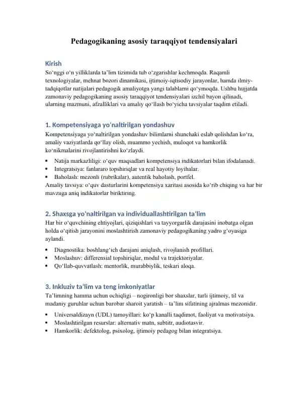 Pedagogikaning asosiy taraqqiyot tendensiyalari