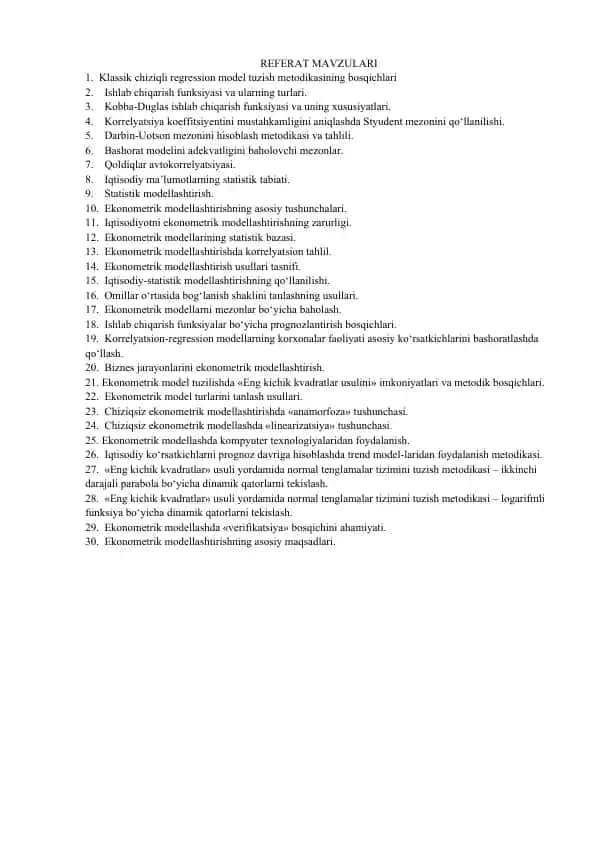 Ekonometrik modellashtirish mavzulari