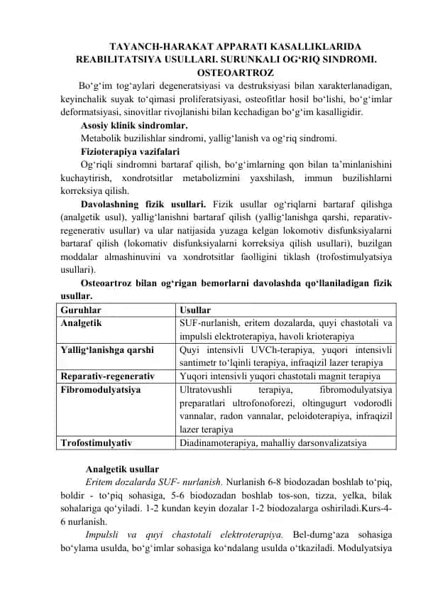 TAYANCH-HARAKAT APPARATI KASALLIKLARIDA REABILITATSIYA USULLARI. SURUNKALI OG‘RIQ SINDROMI. OSTEOARTROZ