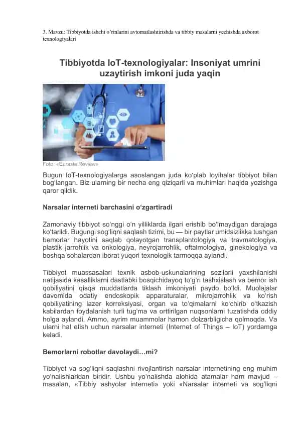 Tibbiyotda IoT-texnologiyalar
