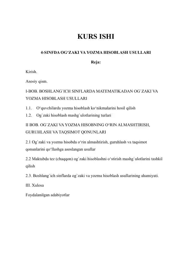 4-SINFDA OGʻZAKI VA YOZMA HISOBLASH USULLARI
