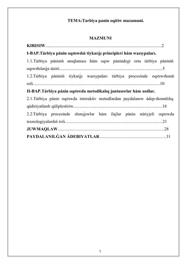 Tárbiya Pánin O'qitiw Mazmuni