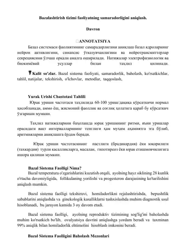 Bazal Sistema Faolligini Baholash Tizimi