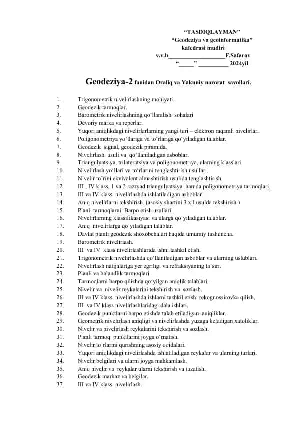 Geodeziya-2 fanidan Oraliq va Yakuniy nazorat savollari.