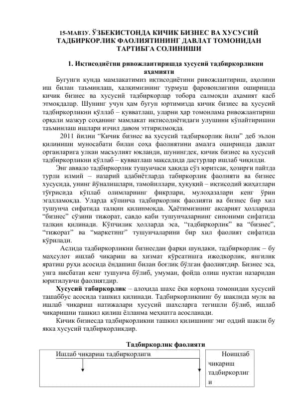 Kichik biznes va hususiy tadbirdorlik faoliyatini rivojlanishda davlat tomonidan tartibga solinishi