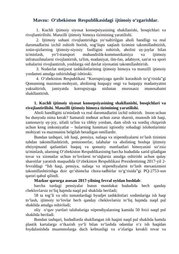O‘zbekiston Respublikasidagi ijtimoiy o‘zgarishlar