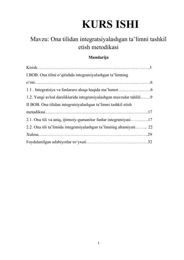Ona tilidan integratsiyalashgan ta’limni tashkil etish metodikasi
