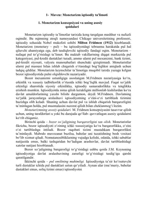 Monetarizm iqtisodiy ta'limoti
