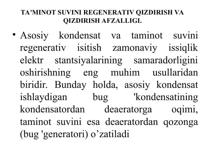 Ta'minot suvini regenerativ qizdirish va qizdirish afzalligi