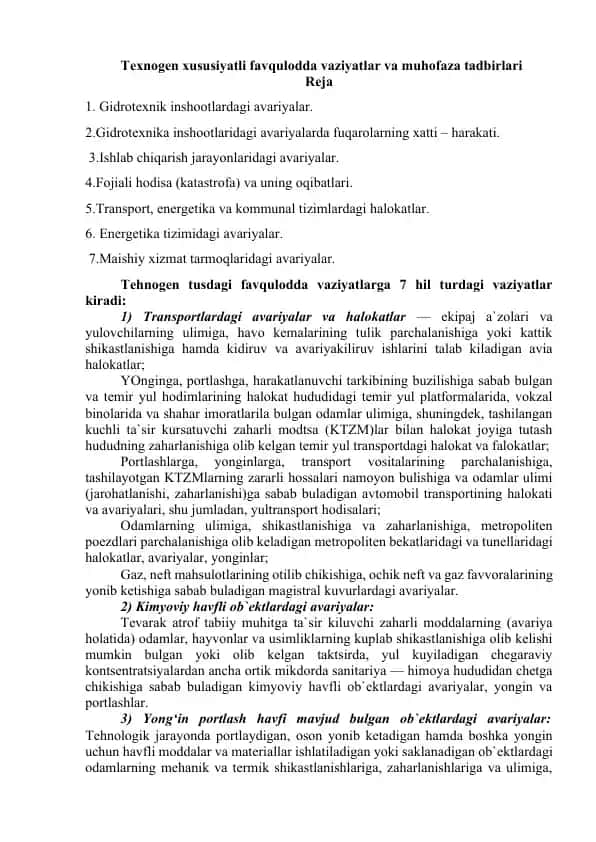 Texnogen xususiyatli favqulodda vaziyatlar va muhofaza tadbirlari