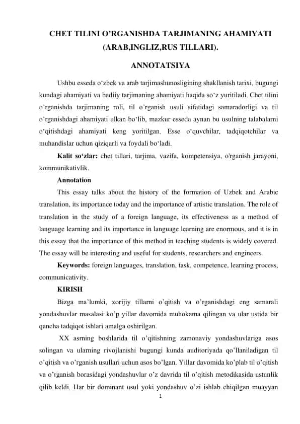 CHET TILINI O’RGANISHDA TARJIMANING AHAMIYATI (ARAB, INGLIZ, RUS TILLARI)