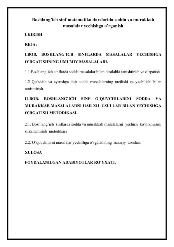 Boshlang‘ich sinf matematika darslarida sodda va murakkab masalalar yechishga o‘rganish