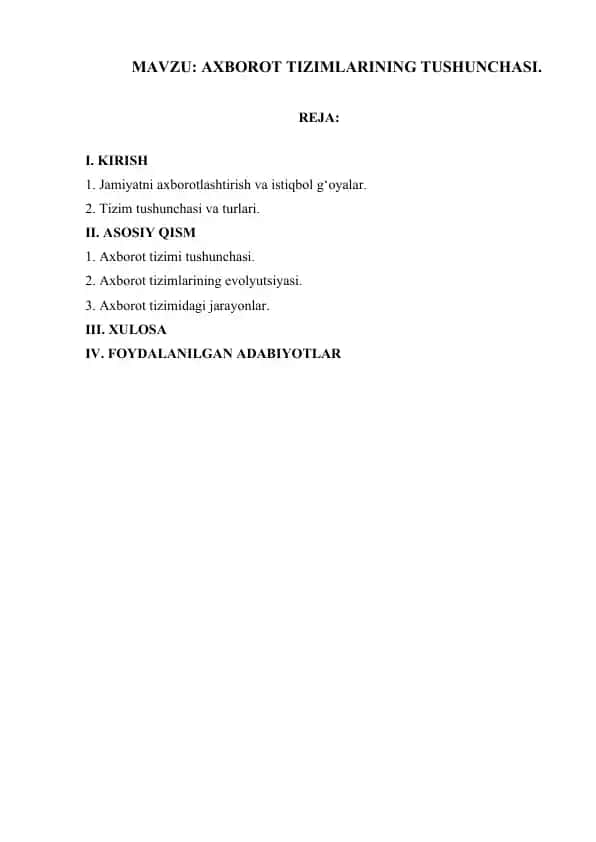Axborot Tizimlarining Tushunchasi