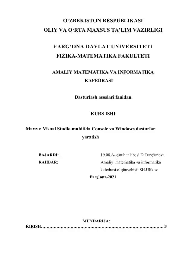 Visual Studio muhitida Console va Windows dasturlar yaratish