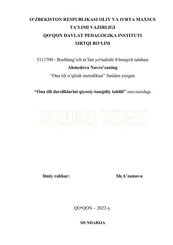 "Ona tili o'qitish metodikasi"