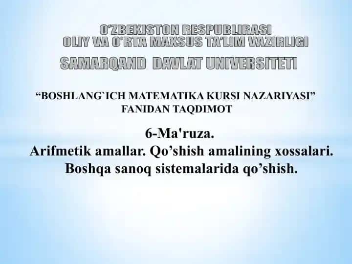 BOSHLANG`ICH MATEMATIKA KURSI NAZARIYASI