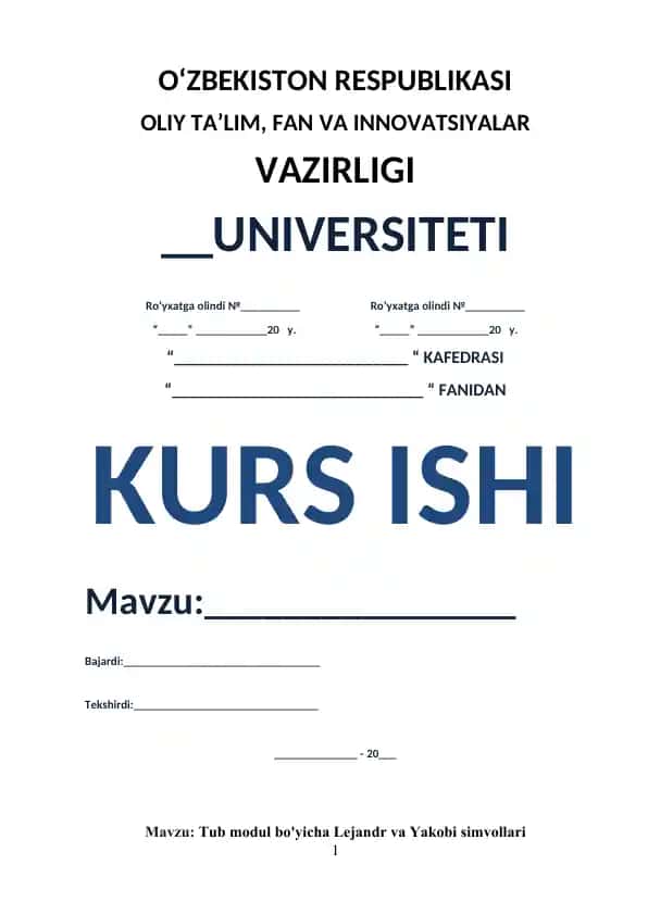 Kurs ishi: Tub modul bo'yicha Lejandr va Yakobi simvollari
