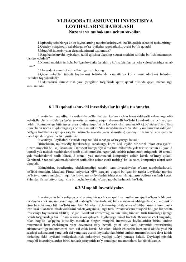 VI.RАQОBАTLАSHUVCHI INVЕSTISIYA LОYIHАLАRINI BАHОLАSH