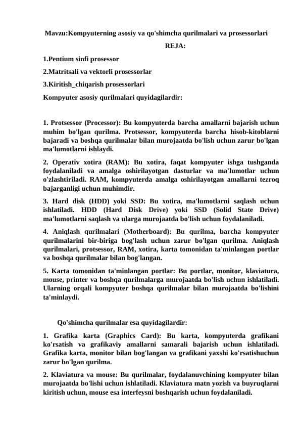 Kompyuterning asosiy va qo'shimcha qurilmalari va prosessorlari