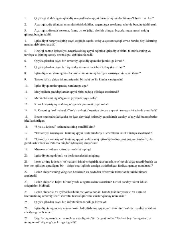 Iqtisodiyot nazariyasi test savollari