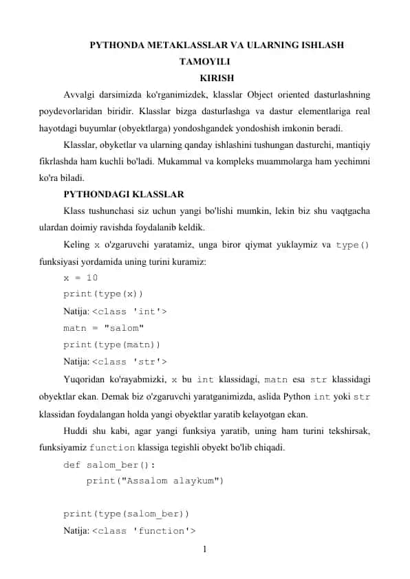 Python metaklasslar va ularning ishlash tamoyili