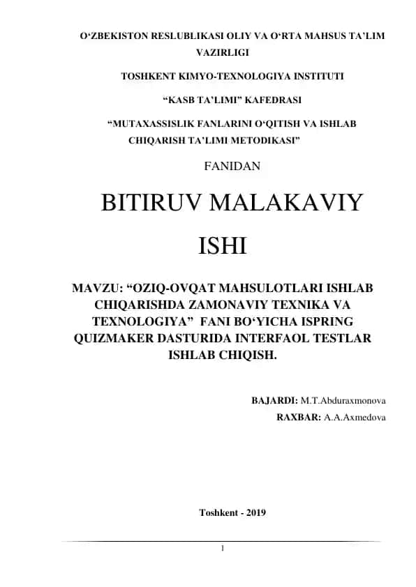Oziq-ovqat mahsulotlari ishlab chiqarishda zamonaviy texnika va texnologiya fani bo‘yicha Ispring quizmaker dasturida interfaol testlar ishlab chiqish