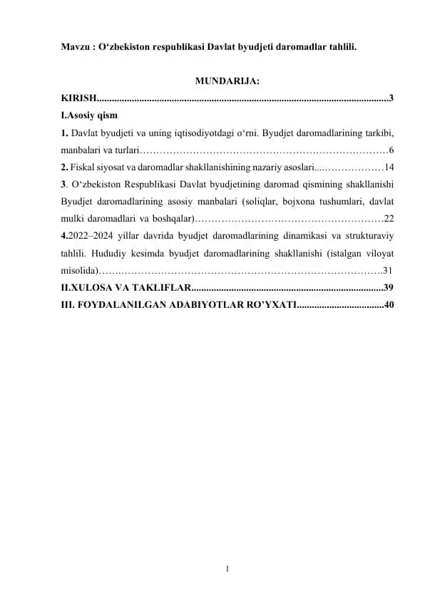 Oʻzbekiston respublikasi Davlat byudjeti daromadlar tahlili