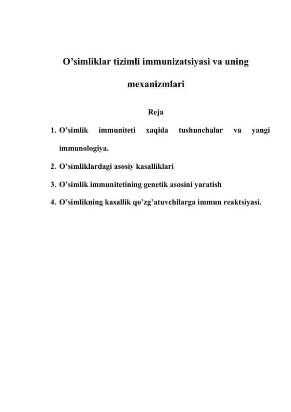 O’simliklar tizimli immunizatsiyasi va uning mexanizmlari